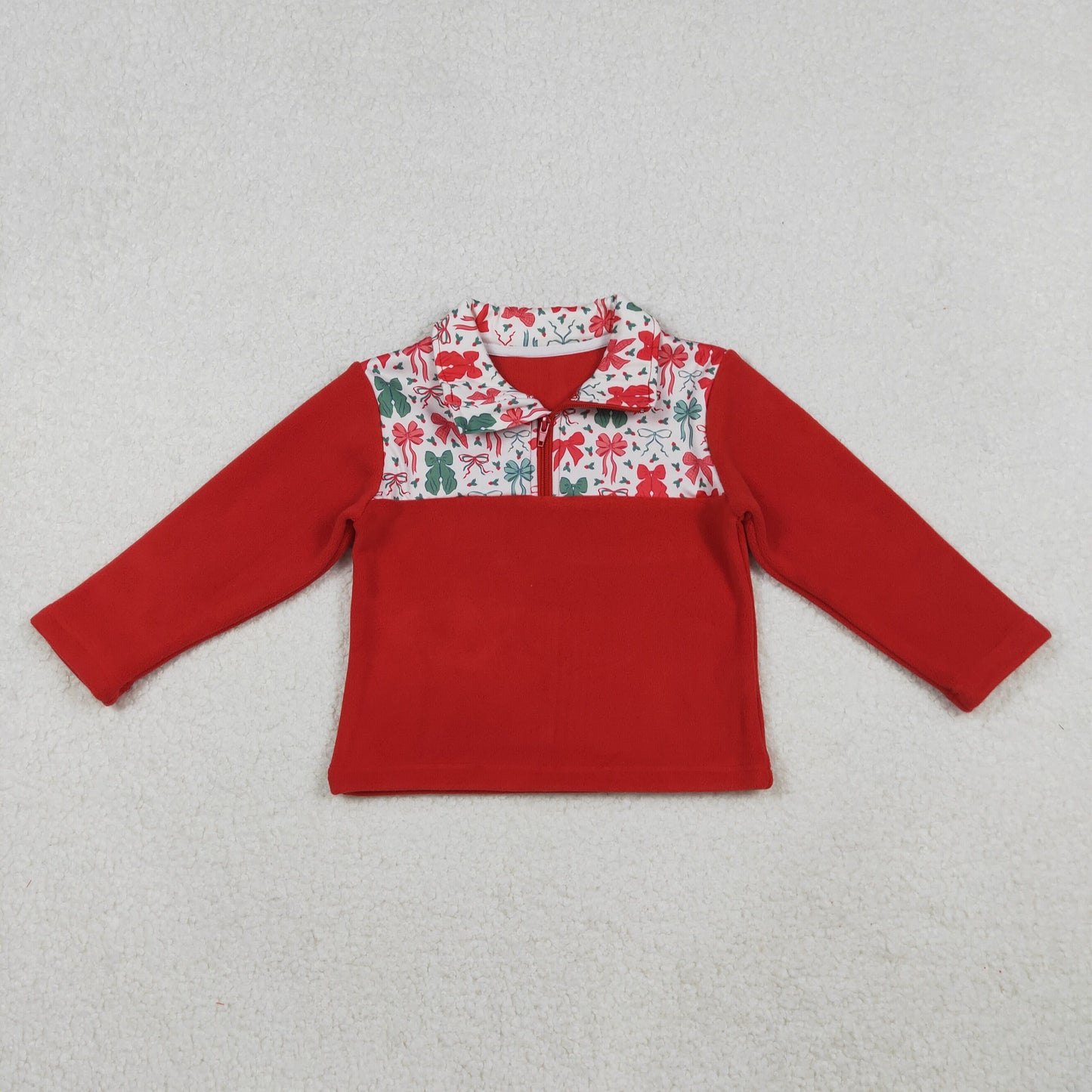 GT1150 Red Green Bows Print Girls Long Sleeve Zipper Thick Pullover Top