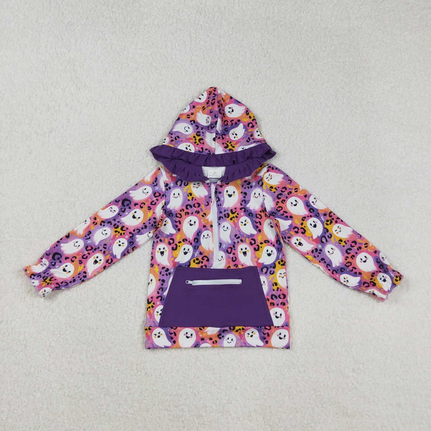 GT1155 Spooky Leopard Purple Print Girls Halloween Hoodie Zipper Top