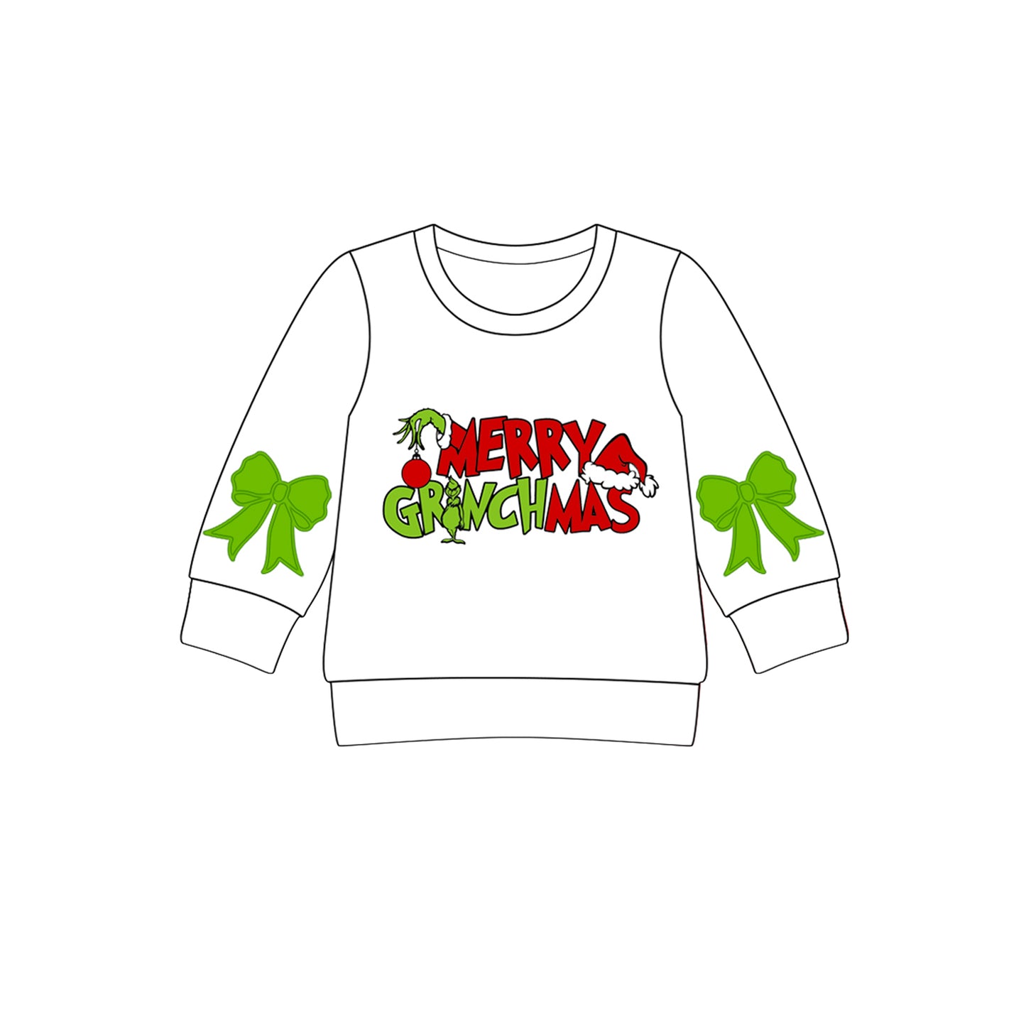(Pre-order)GT1162 Merry Christmas Bows White Print Girls Long Sleeve Tee Shirts Top