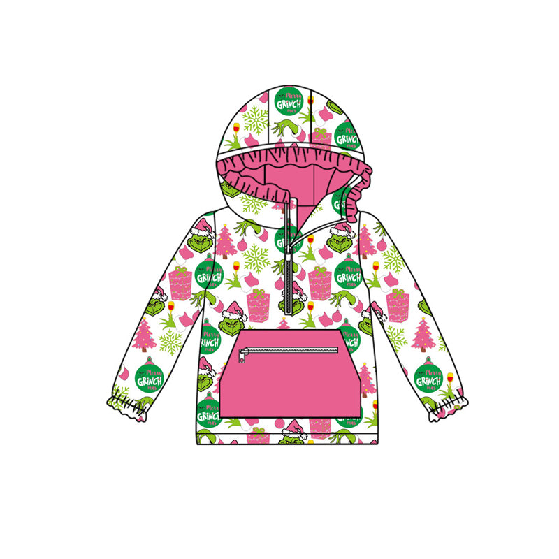 (Pre-order)GT1164 Green Frog Lights Print Girls Zipper Pockets Christmas Hoodie Top