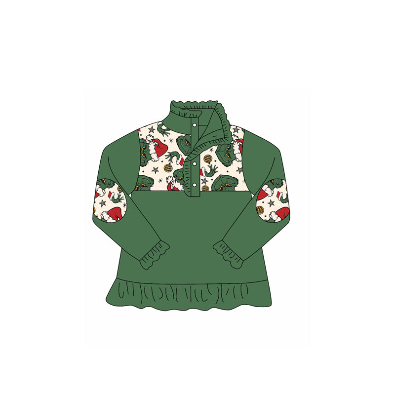 (Pre-order)GT1167 Green Frog Print Girls Christmas Polo Top