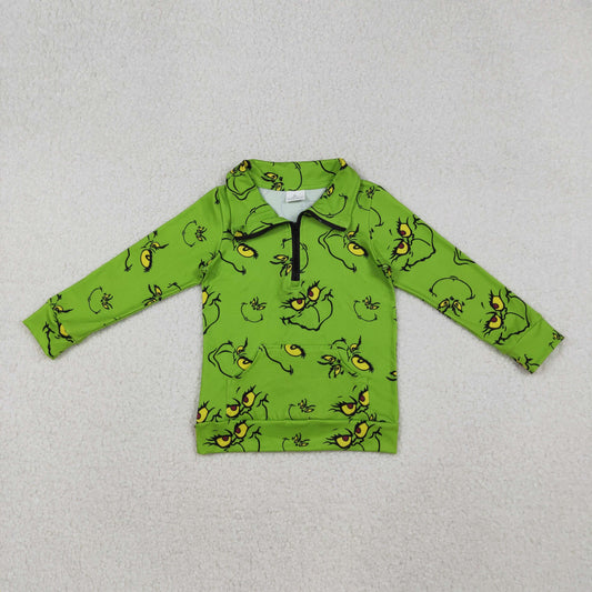 GT1170 Green Frog Smiling Face Print Kids Christmas Zipper Pullover Top