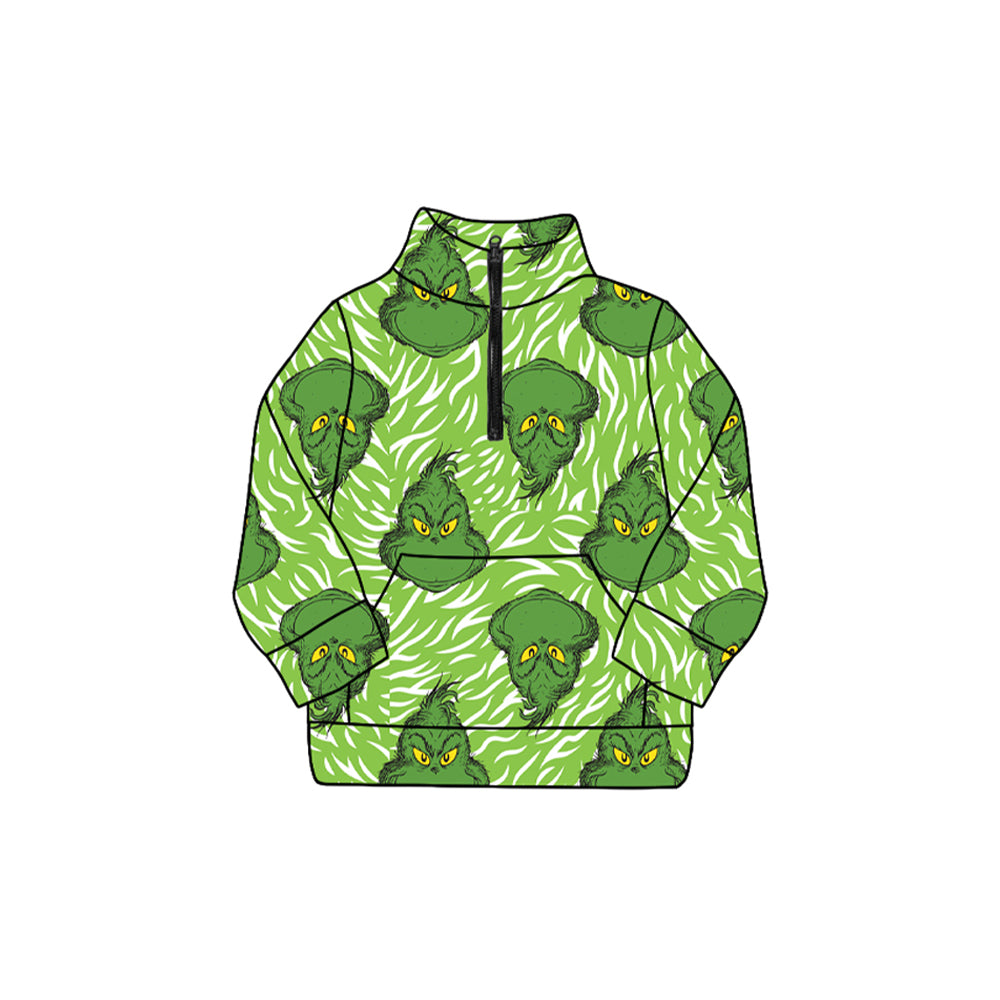 (Pre-order)GT1171 Green Frog Smiling Face Print Girls Christmas Zipper Pullover Top