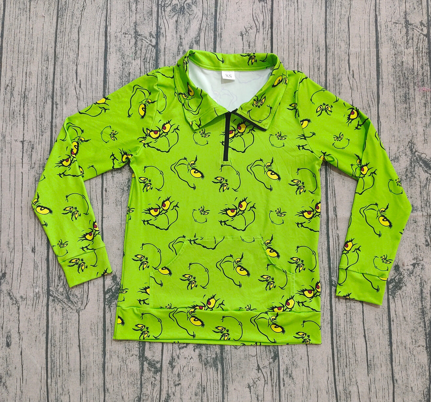 (Pre-order)GT1173 Adult Green Frog Smiling Face Print Woman Christmas Zipper Pullover Top