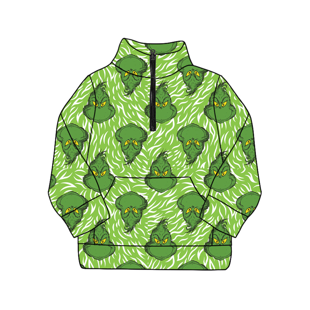 (Pre-order)GT1174 Adult Green Frog Smiling Face Print Woman Christmas Zipper Pullover Top