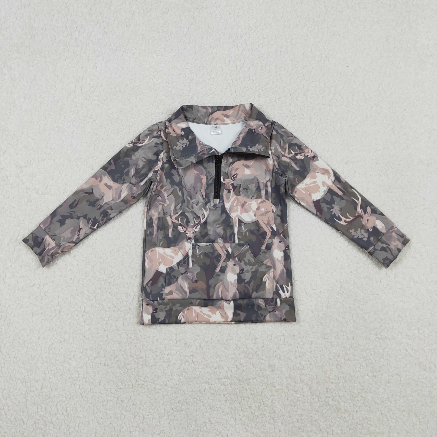GT1180 Deer Camo Print Girls Zipper Pullover Yoga Top