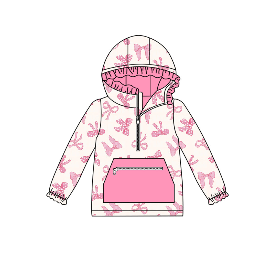 (Pre-order)GT1191 Pink Bows Print Girls Zipper Pockets Hoodie Top
