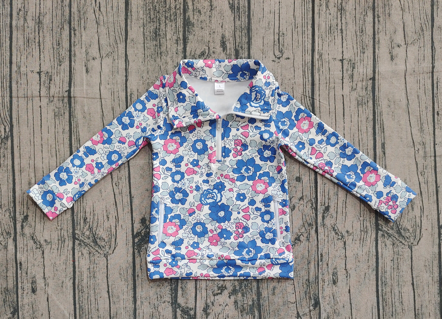 (Pre-order)GT1192 Blue Flowers Print Girls Fall Zipper Pullover Pockets Top