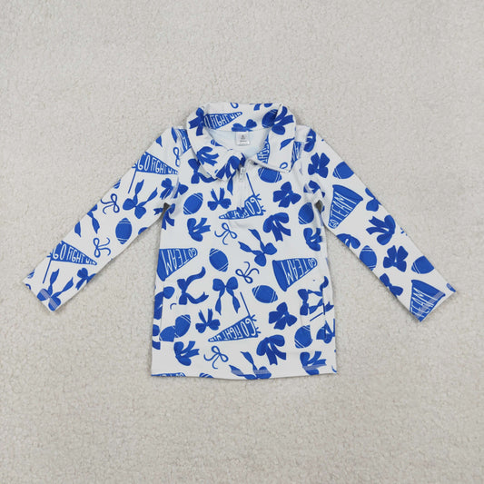 GT1195 Go Team Cheer Bows Blue Print Girls Fall Zipper Pullover Yoga Top