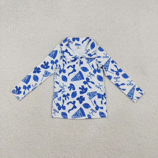 GT1195 Go Team Cheer Bows Blue Print Girls Fall Zipper Pullover Yoga Top