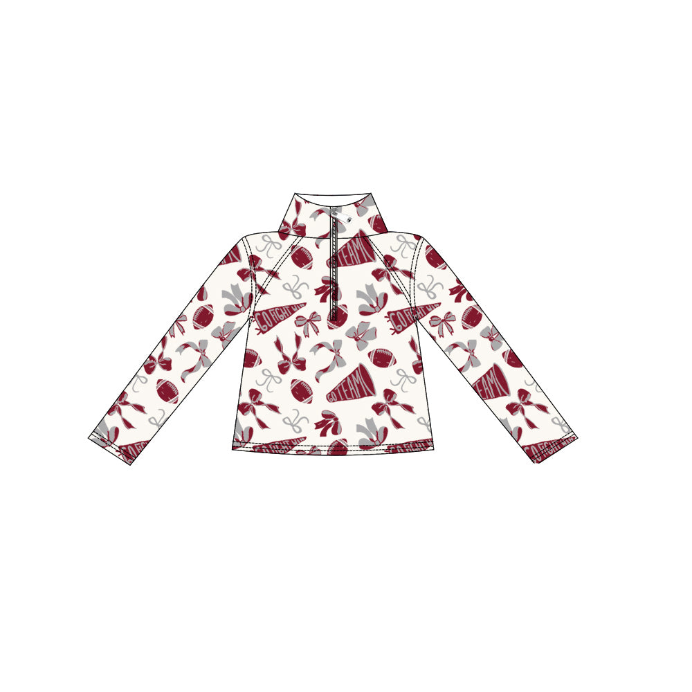 (Pre-order)GT1196 Go Team Cheer Bows Wine Print Girls Fall Zipper Pullover Yoga Top