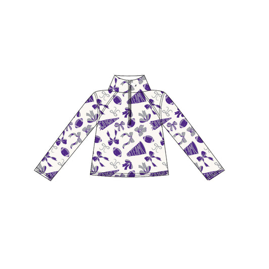 (Pre-order)GT1199 Go Team Cheer Bows Purple Print Girls Fall Zipper Pullover Yoga Top