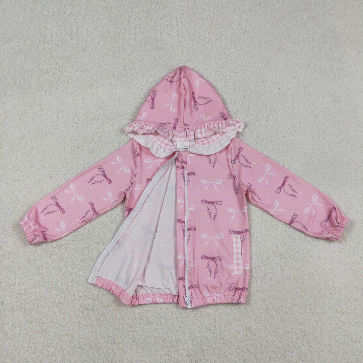 GT1217 Pink Bows Print Girls Zipper Pockets Hoodie Jacket Top