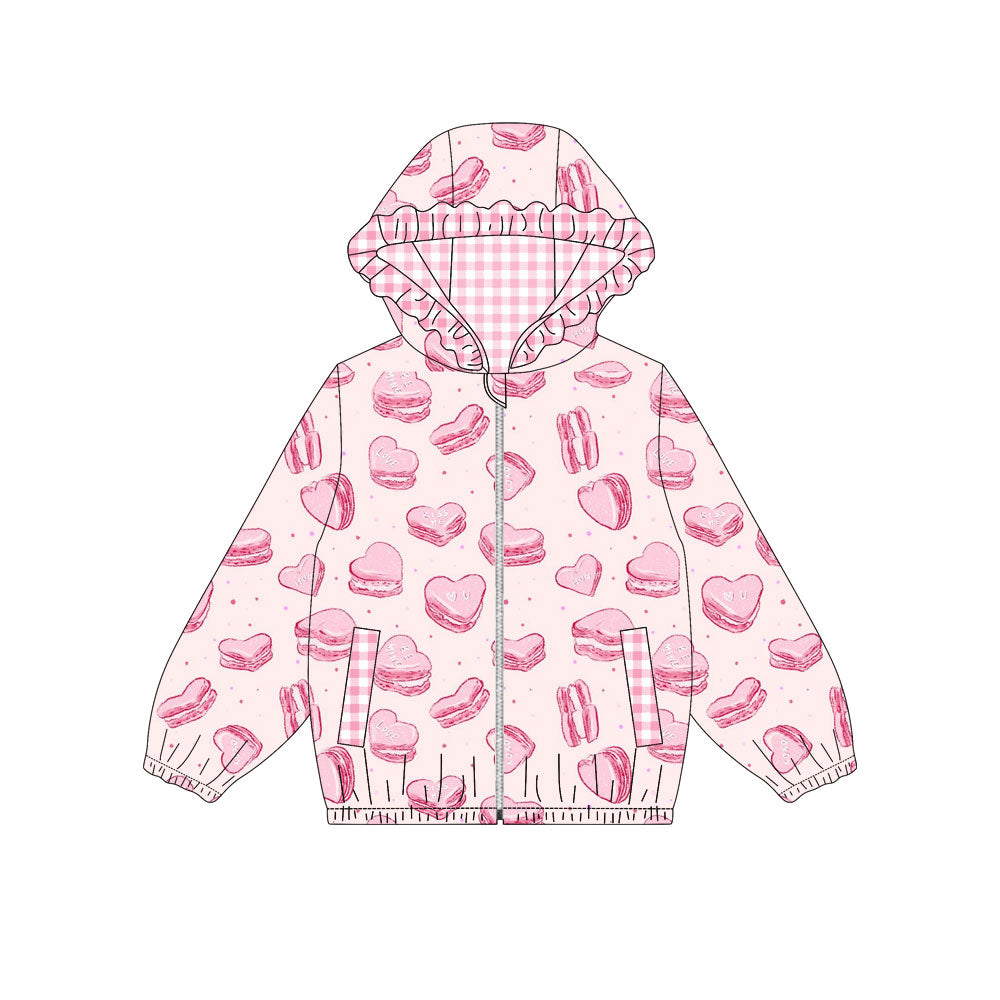 (Pre-order)GT1218 Pink Heart Macaroon Print Girls Valentine's Day Zipper Pockets Hoodie Jacket Top