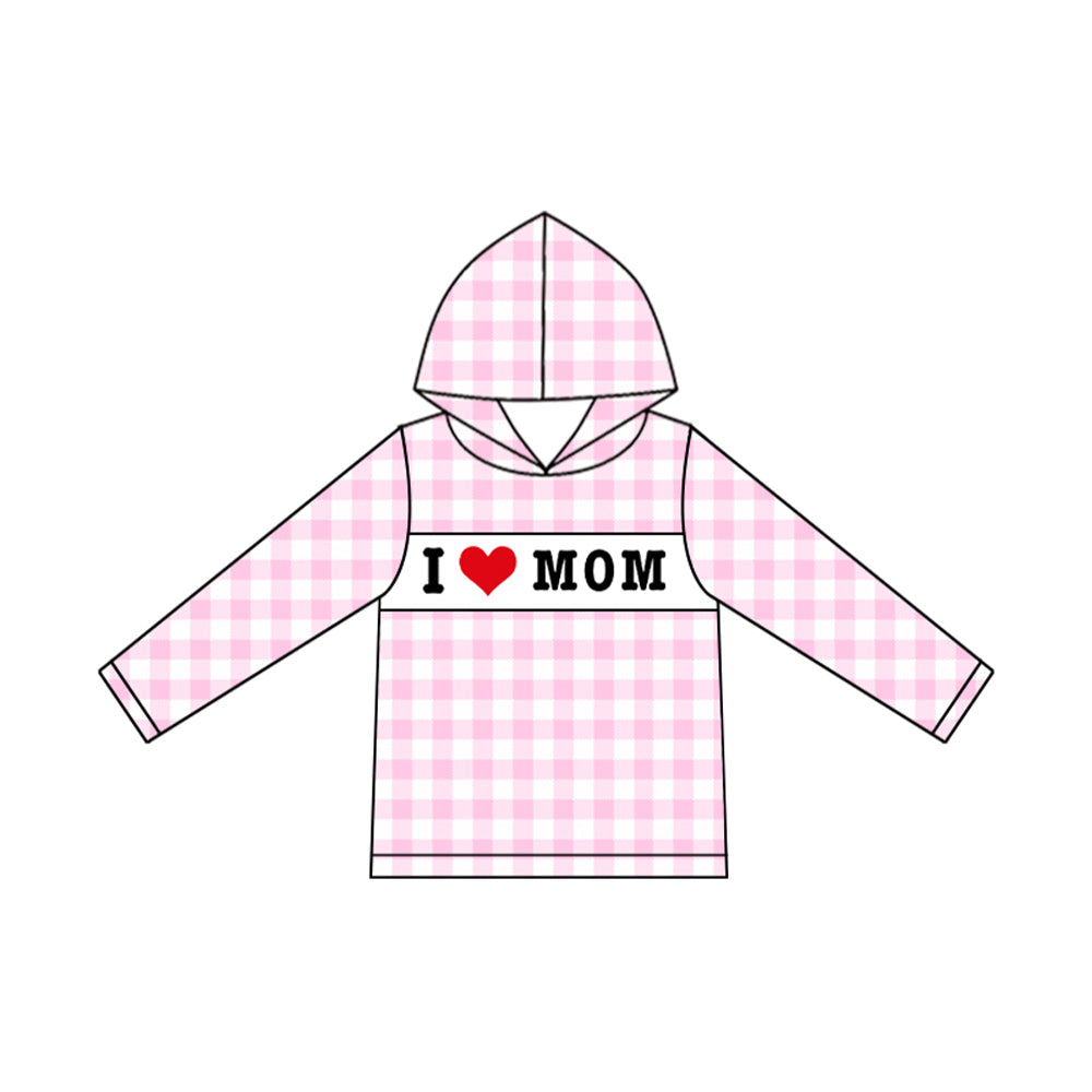 (Pre-order)GT1228 I LOVE MOM Pink Plaid Print Girls Long Sleeve Hoodie Top