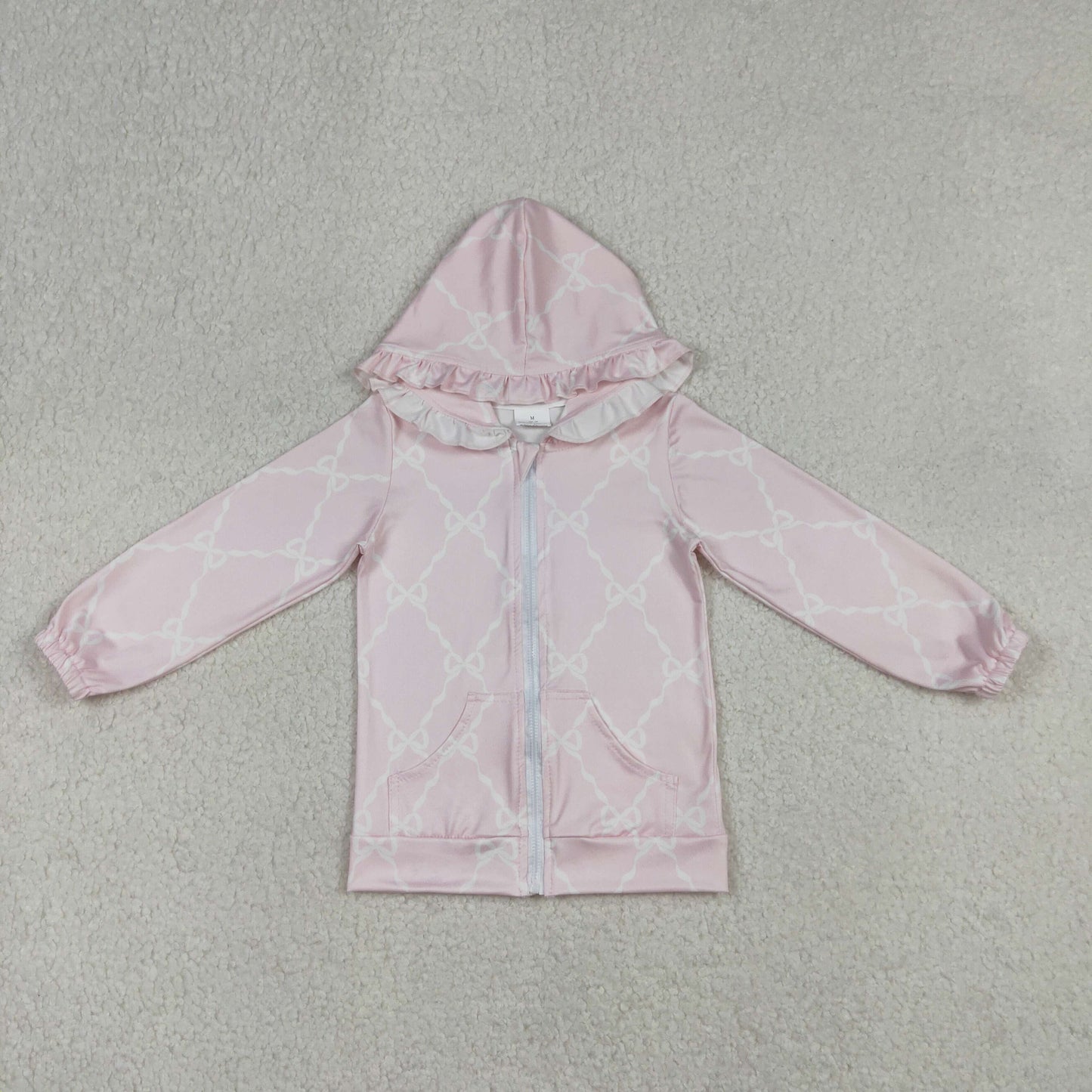GT1246 Pink Bows Print Girls Long Sleeve Zipper Hoodie Pockets Jackets Top