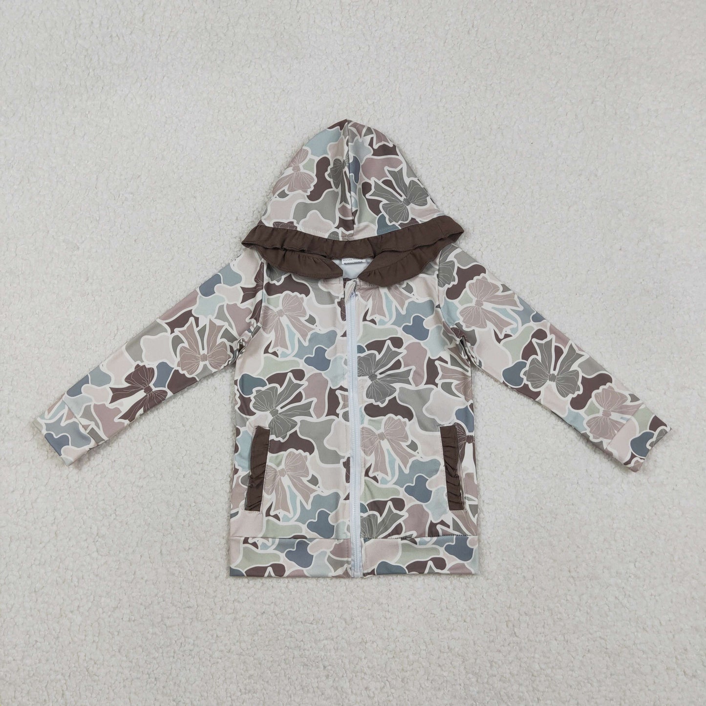 GT1263 Camo Bows Print Girls Long Sleeve Zipper Hoodie Pockets Jackets Top