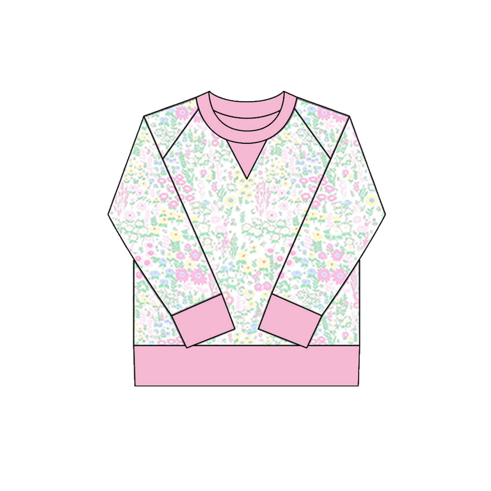 (Pre-order)GT1299 Pink Flowers Print Girls Long Sleeve Yoga Tee Shirts Top