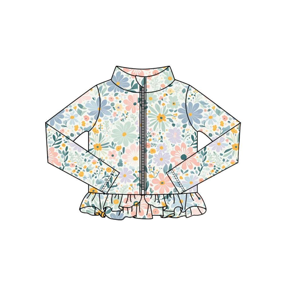 (Pre-order)GT1326 Colorful Flowers Girls Yoga Zipper Ruffles Jackets Top