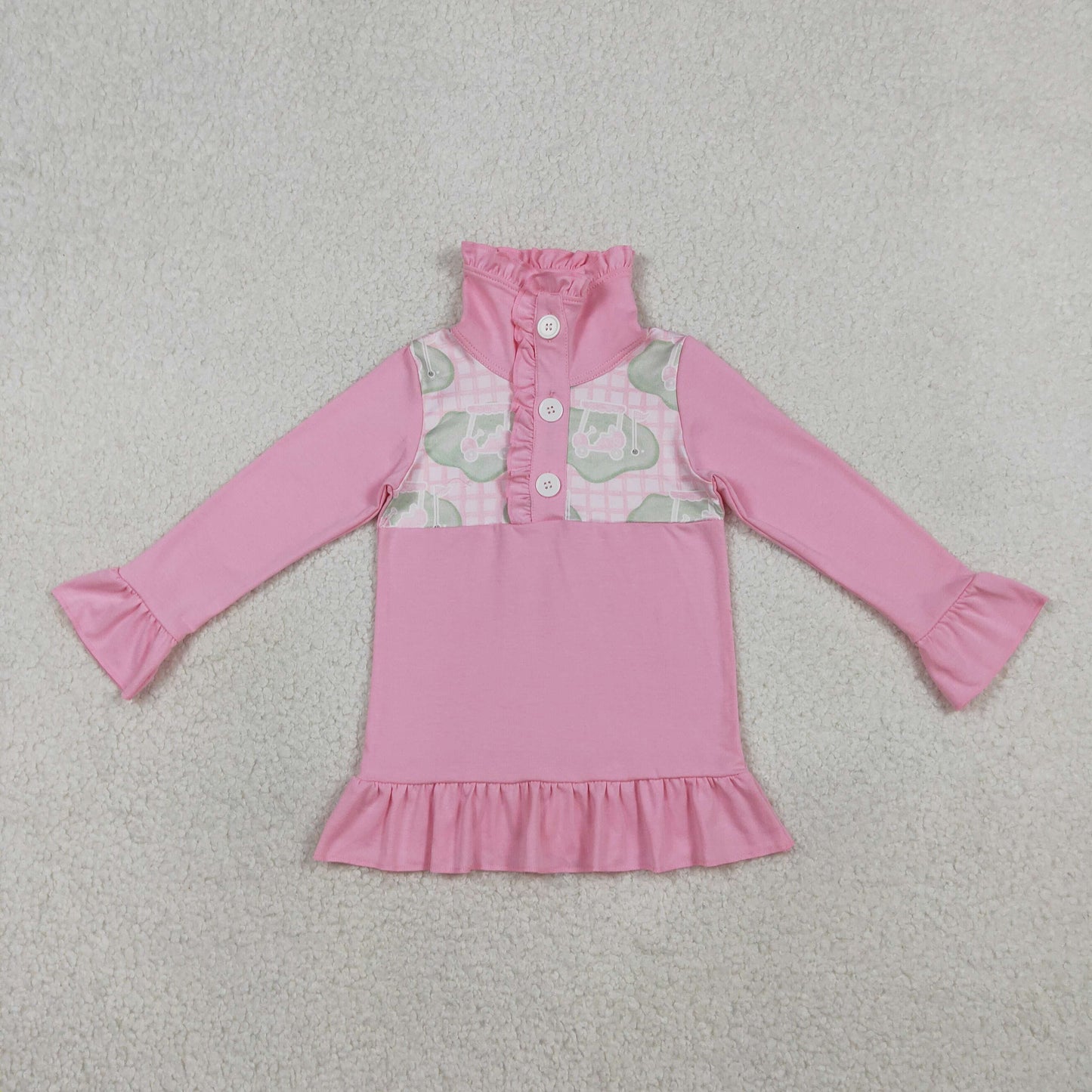 GT1402 Golf Pink Print Girls Long Sleeve Buttons Pullover Top