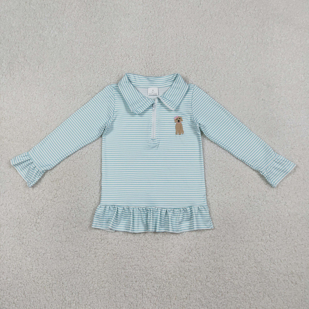 GT1543 Puppy Embroidery Blue Stripes Print Girls Zipper Pullover Top
