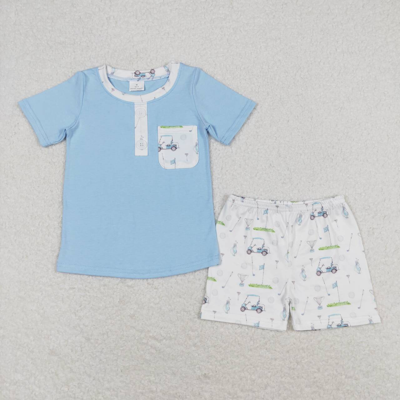 BSSO0615 Blue Pocket Top Golf Truck Shorts Boys Summer Clothes Set
