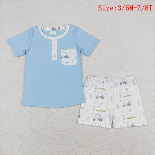 BSSO0615 Blue Pocket Top Golf Truck Shorts Boys Summer Clothes Set