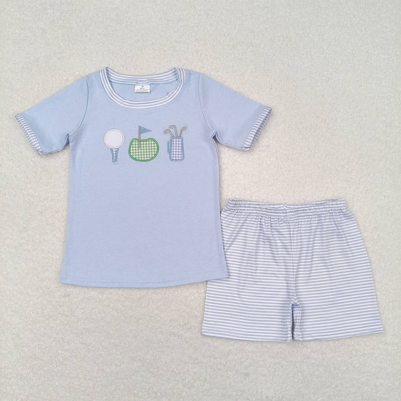 BSSO0686 Golf Embroidery Top Stripes Shorts Boys Summer Clothes Set