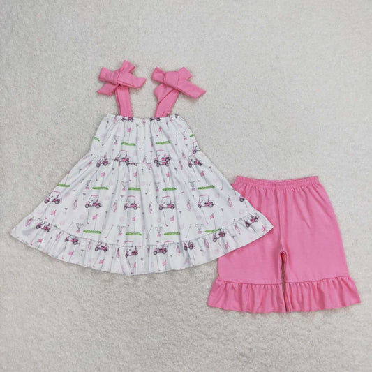 GSSO0659 Golf Truck Strap Top Pink Shorts Girls Summer Clothes Set