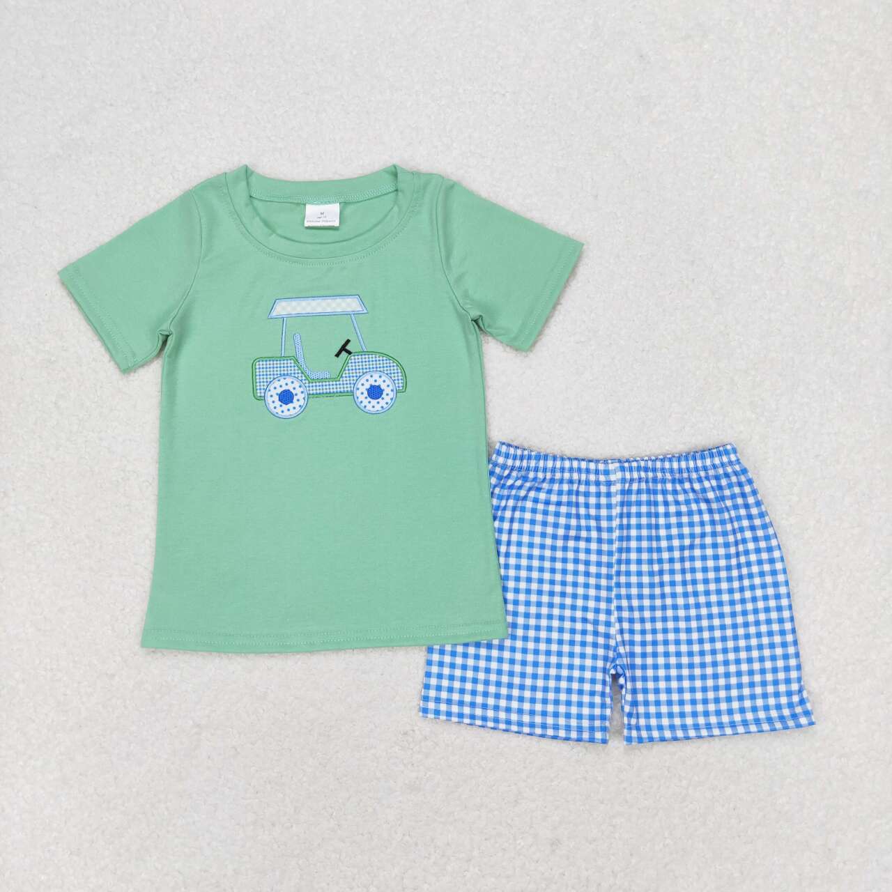 BSSO0692 Golf Truck Embroidery Top Blue Plaid Shorts Boys Summer Clothes Set