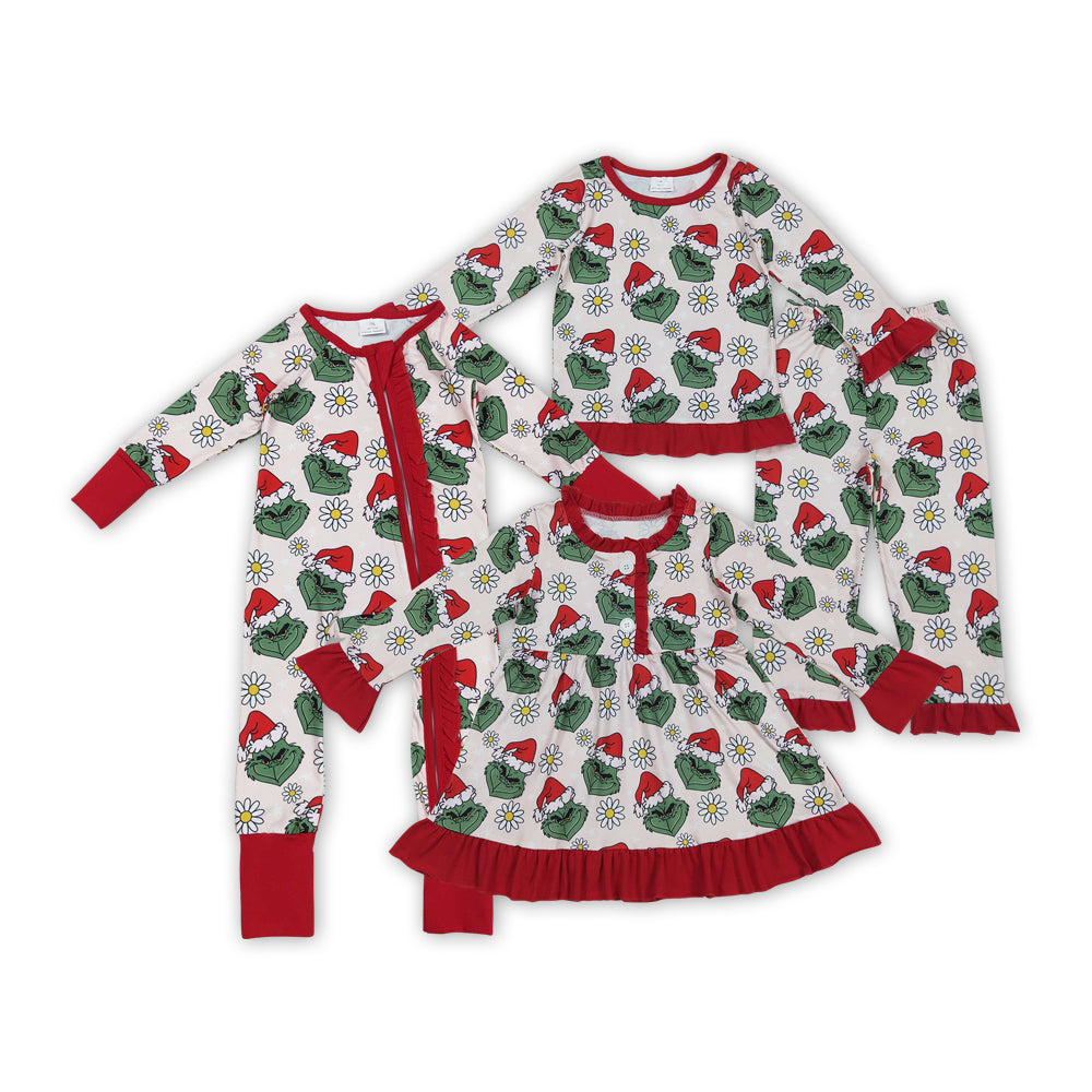Green Frog Flowers Print Girls Christmas Clothes Sisters Matching Wear