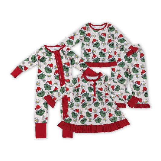 Green Frog Flowers Print Girls Christmas Clothes Sisters Matching Wear