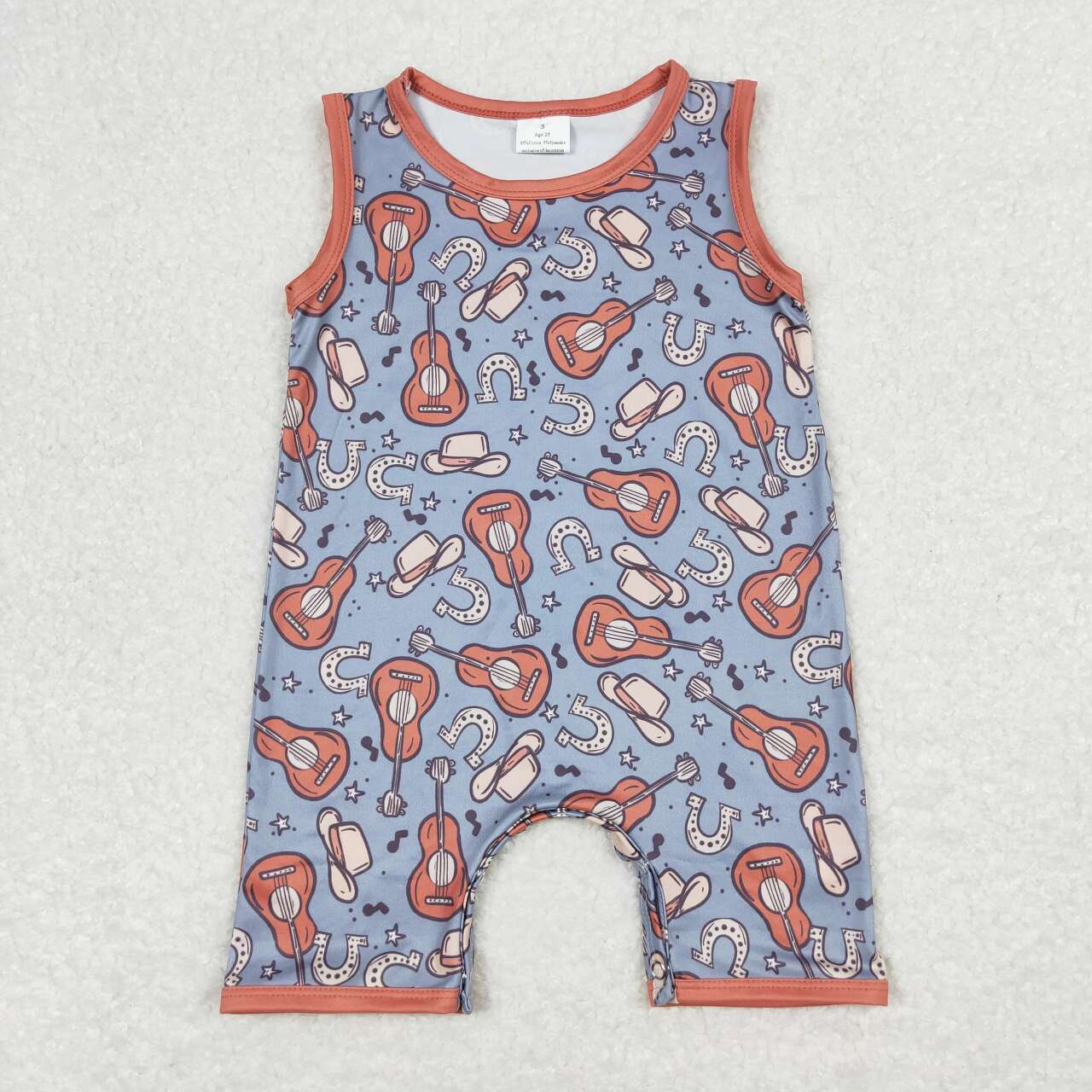 SR0750 Guitar Hat Cowboy Western Print Baby Boys Summer Romper