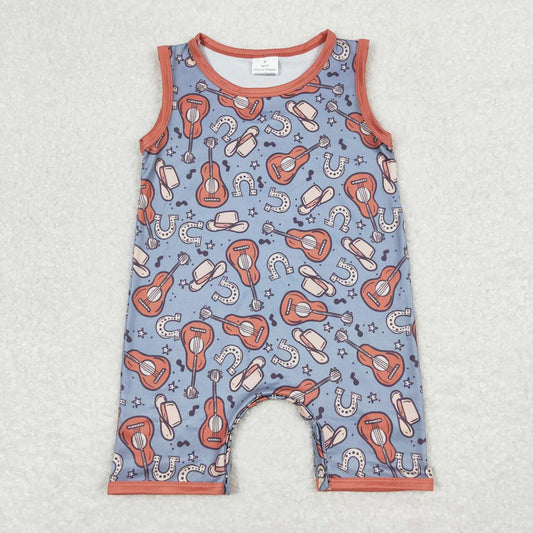SR0750  Guitar Hat Cowboy Western Print Baby Boys Summer Romper