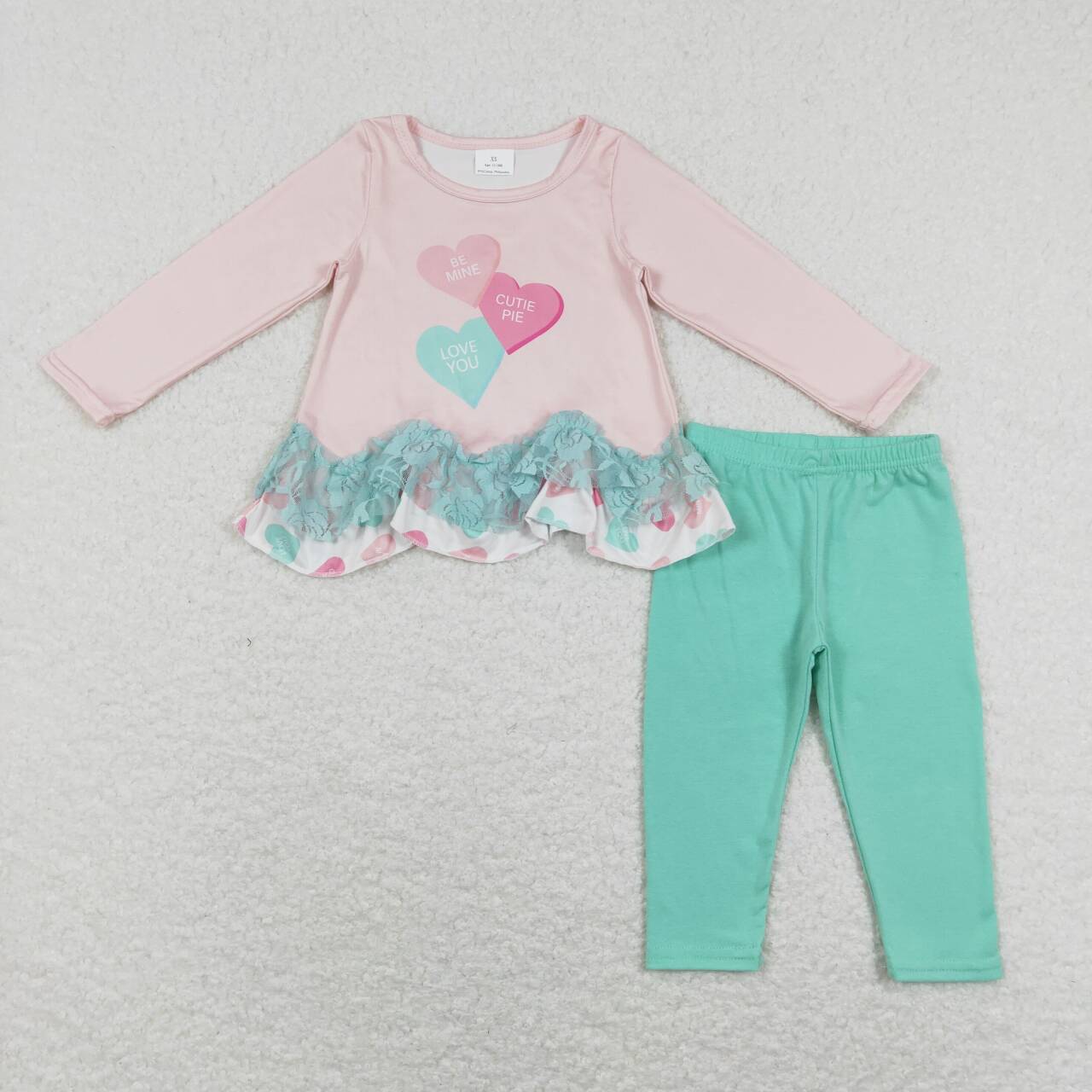 GLP1132 Pink Heart Print Top Green Legging Pants Girls Valentine's Clothes Set