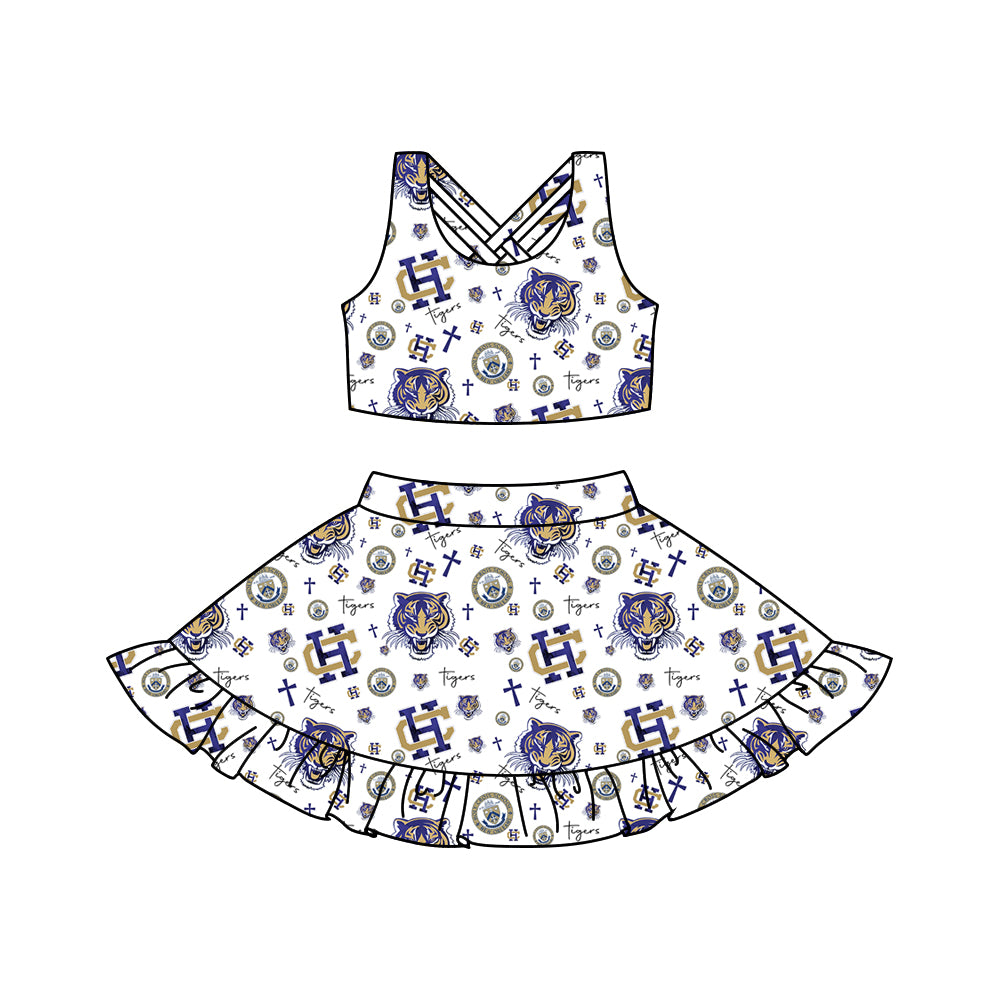 (Custom Design Preorder MOQ 5) Team's HOLY CROSS Tigers Print Girls Summer Skirts Clothes Set