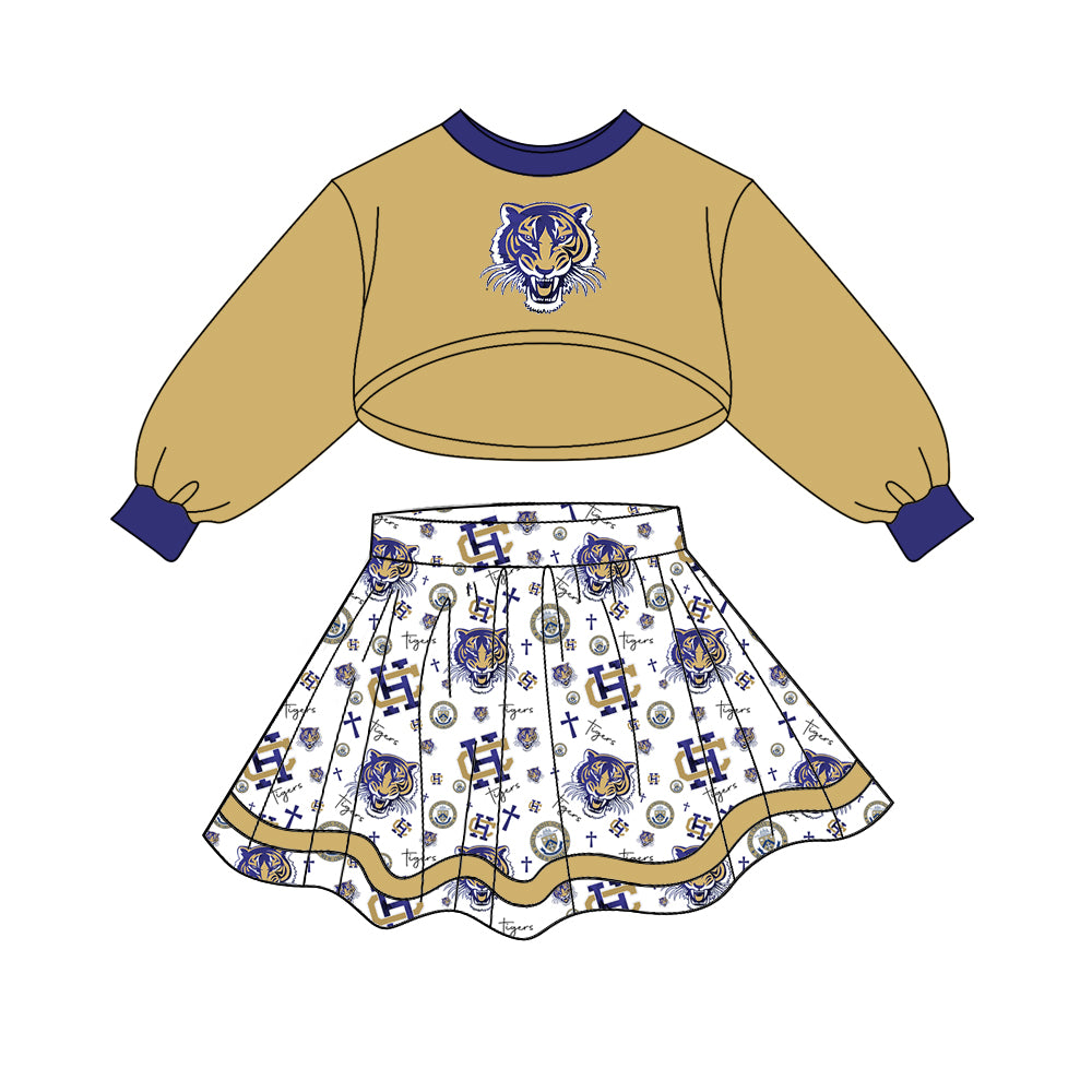 (Custom Design Preorder MOQ 5) Team's HOLY CROSS Tigers Long Sleeve Top Skirts Girls Clothes Set
