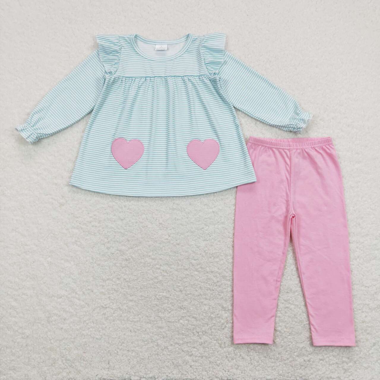GLP1114 Blue Stripes Pink Heart Embroidery Tunic Top Legging Pants Girls Clothes Set