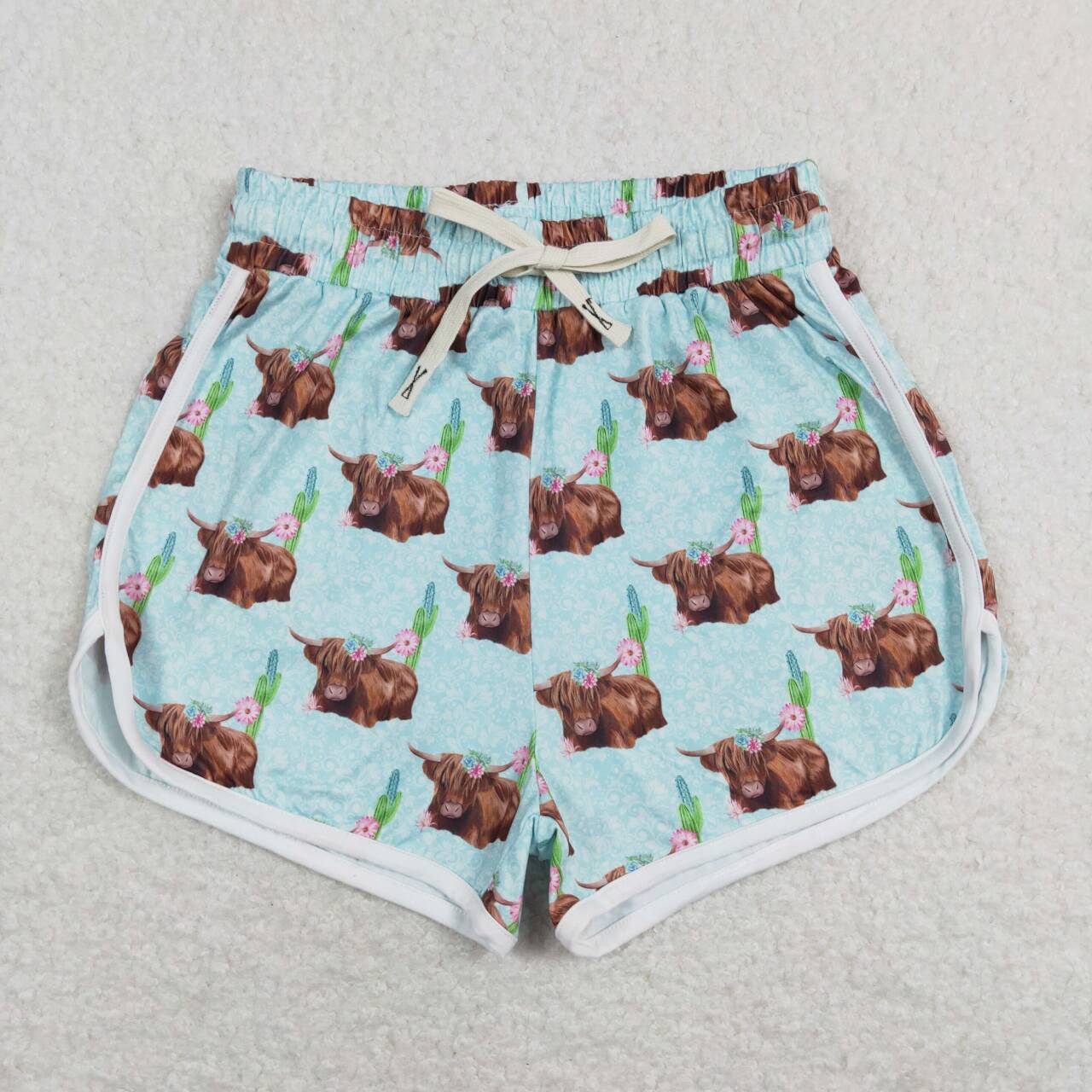 SS0128 Adult Flowers Highland Cow Print Summer Western Woman Shorts