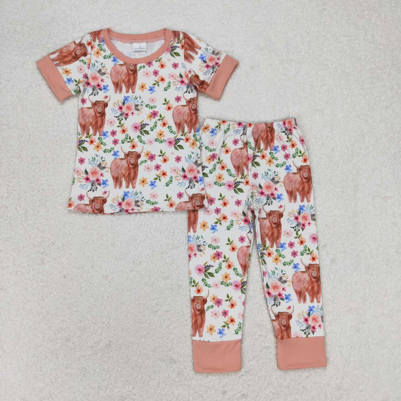 GSPO1439 Highland Cow Flowers Print Girls Pajamas Clothes Set