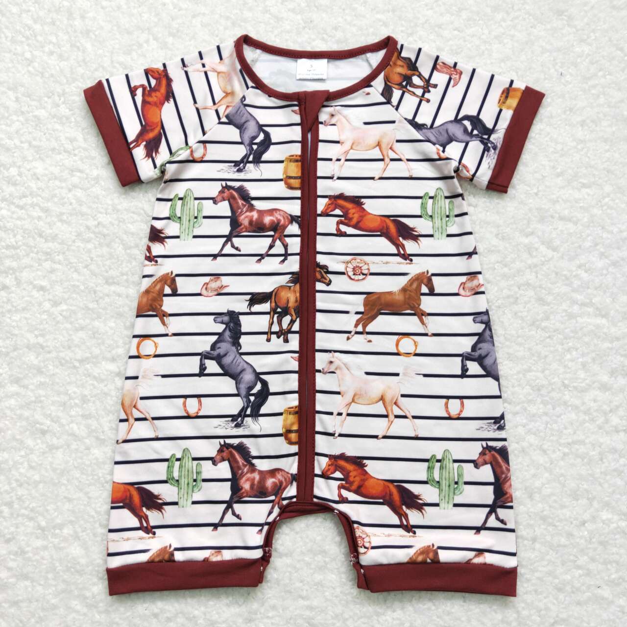 SR0823 Brown Horse Print Baby Boys Western Summer Zipper Romper