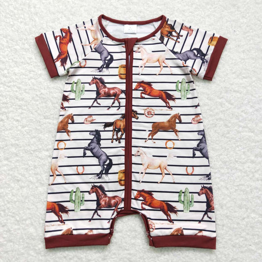 SR0823 Brown Horse Print Baby Boys Western Summer Zipper Romper