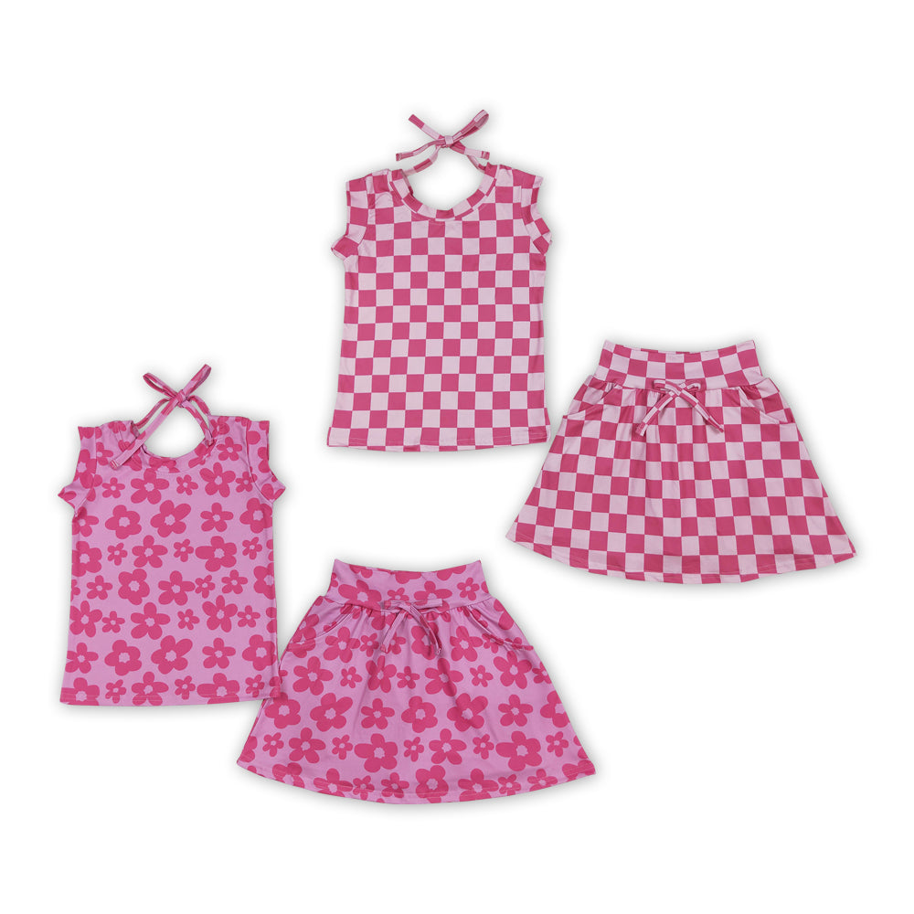 Hot Pink Top Skirts Shorts Girls Summer Clothes Set Sisters Wear