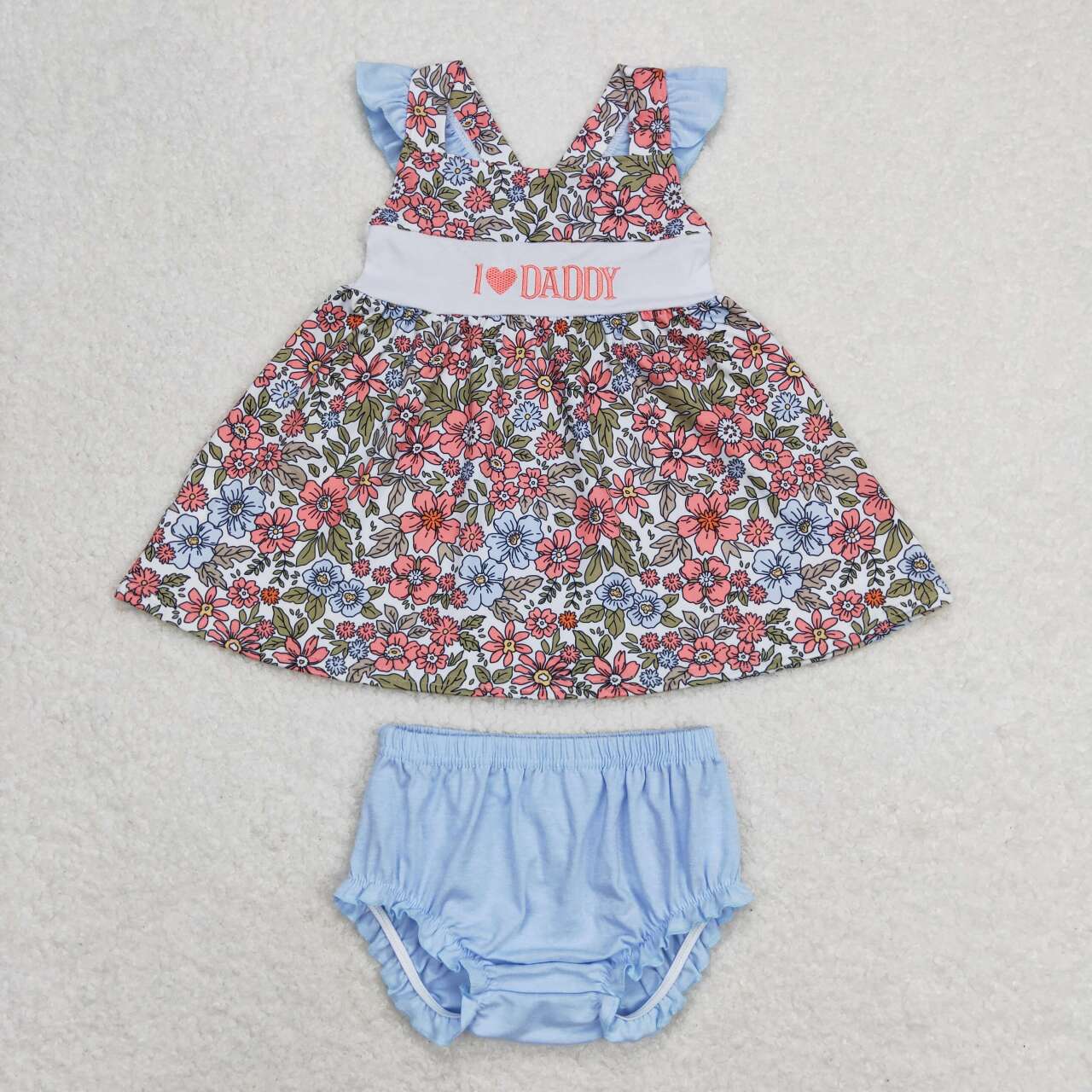 GBO0294 I LOVE DADDY Embroidery Flowers Top Blue Shorts Baby Girls Summer Bummie Set