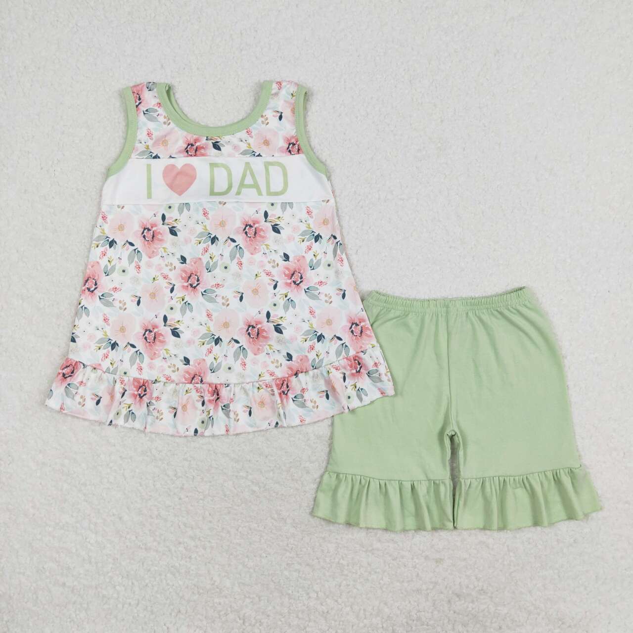 GSSO1178 I LOVE DAD Flowers Top Ruffle Shorts Girls Summer Clothes Set