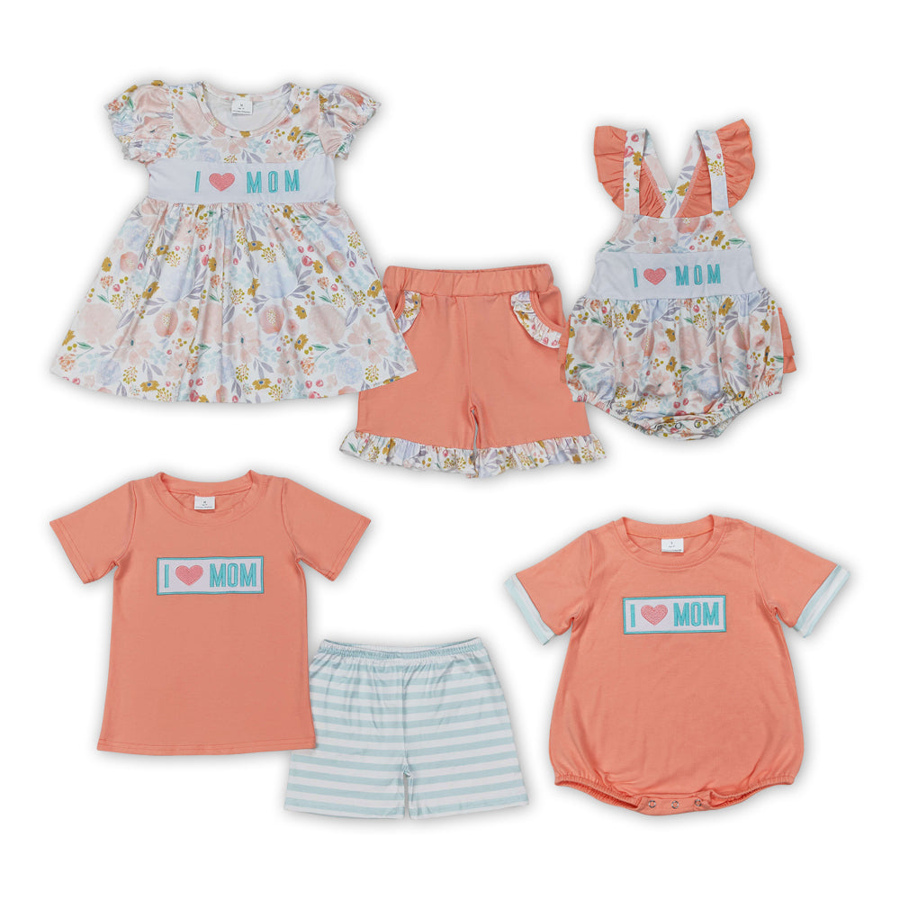 I LOVE MOM Embroidery Orange Sibling Summer Matching Clothes