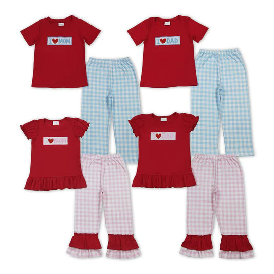 I LOVE MOM & DAD Embroidery Red Top Plaid Pants Kids Clothes Set Sibling Wear