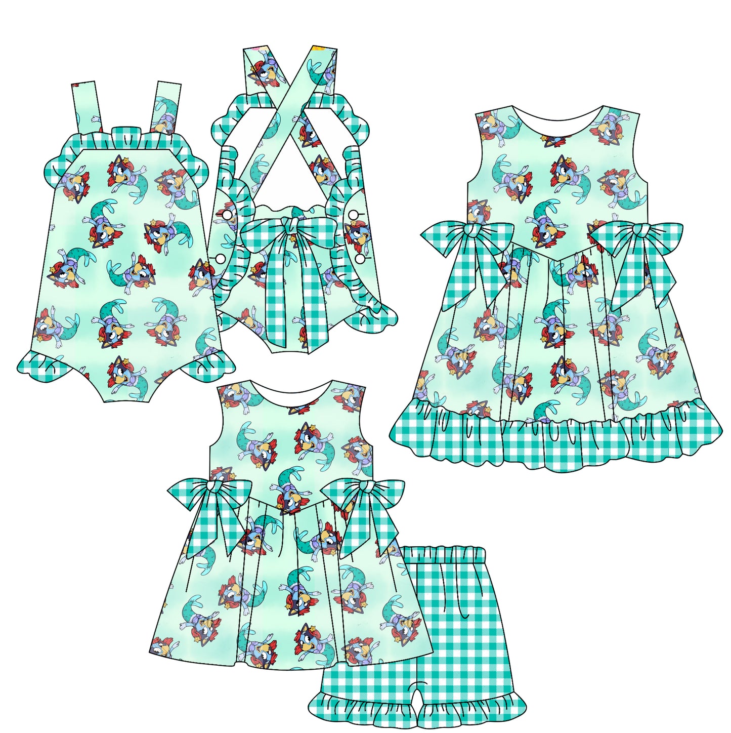 2.16(Custom Design Preorder MOQ 5 Each Design) Cartoon Princess Mermaid Green Plaid Print Girls Summer Matching Clothes Sisters Wear