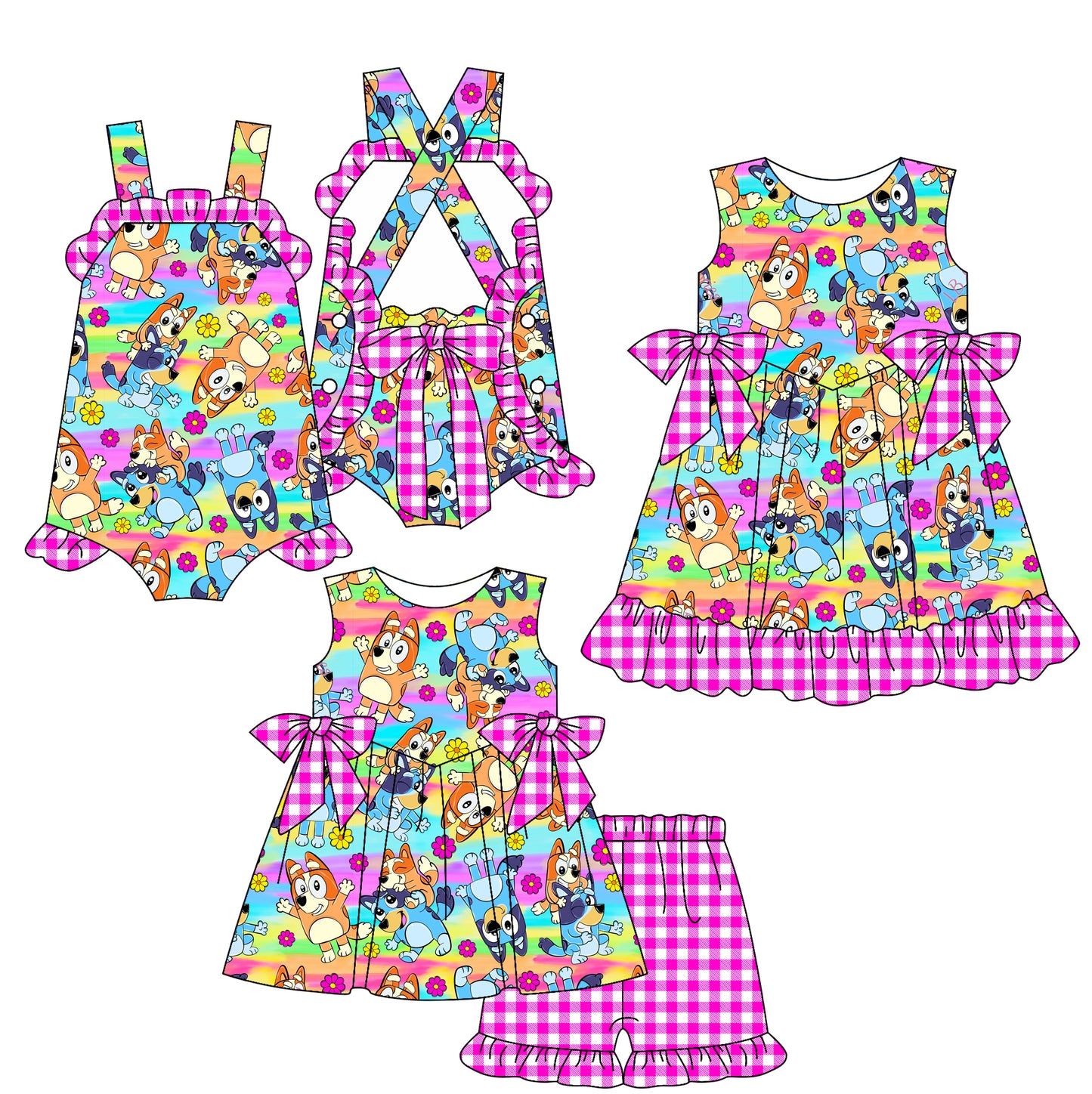 2.16(Custom Design Preorder MOQ 5 Each Design) Cartoon Dog Hot Pink Plaid Print Girls Summer Matching Clothes Sisters Wear