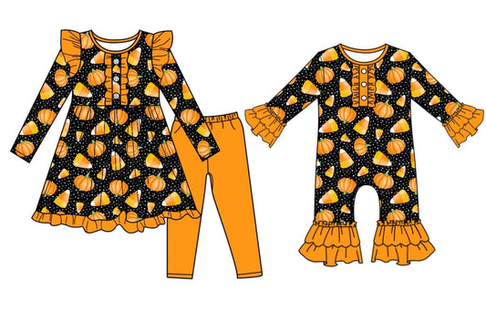 (Custom Design Preorder MOQ 5 Each Design) Pumpkin Candy Print Girls Fall Matching Clothes Sisters Wear